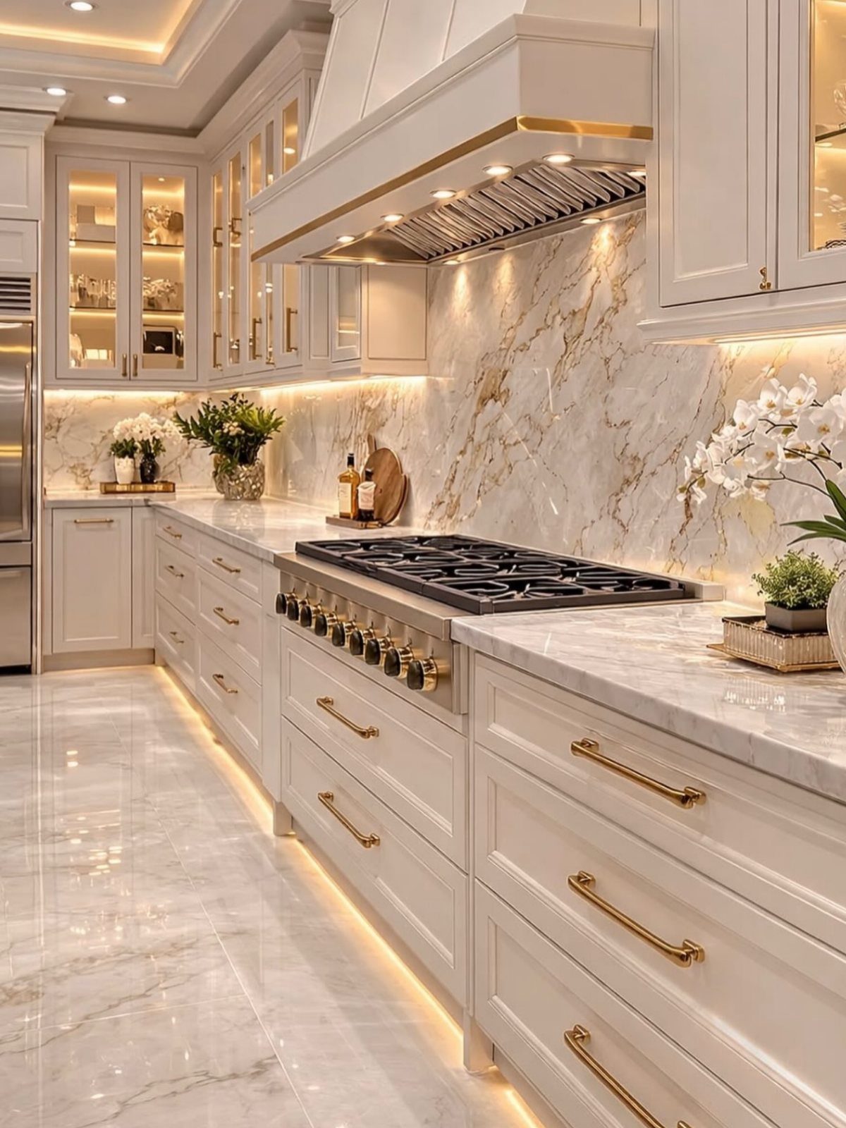 White custom kitchen cabinetry with gold hardware and white marble countertops and backsplash.
