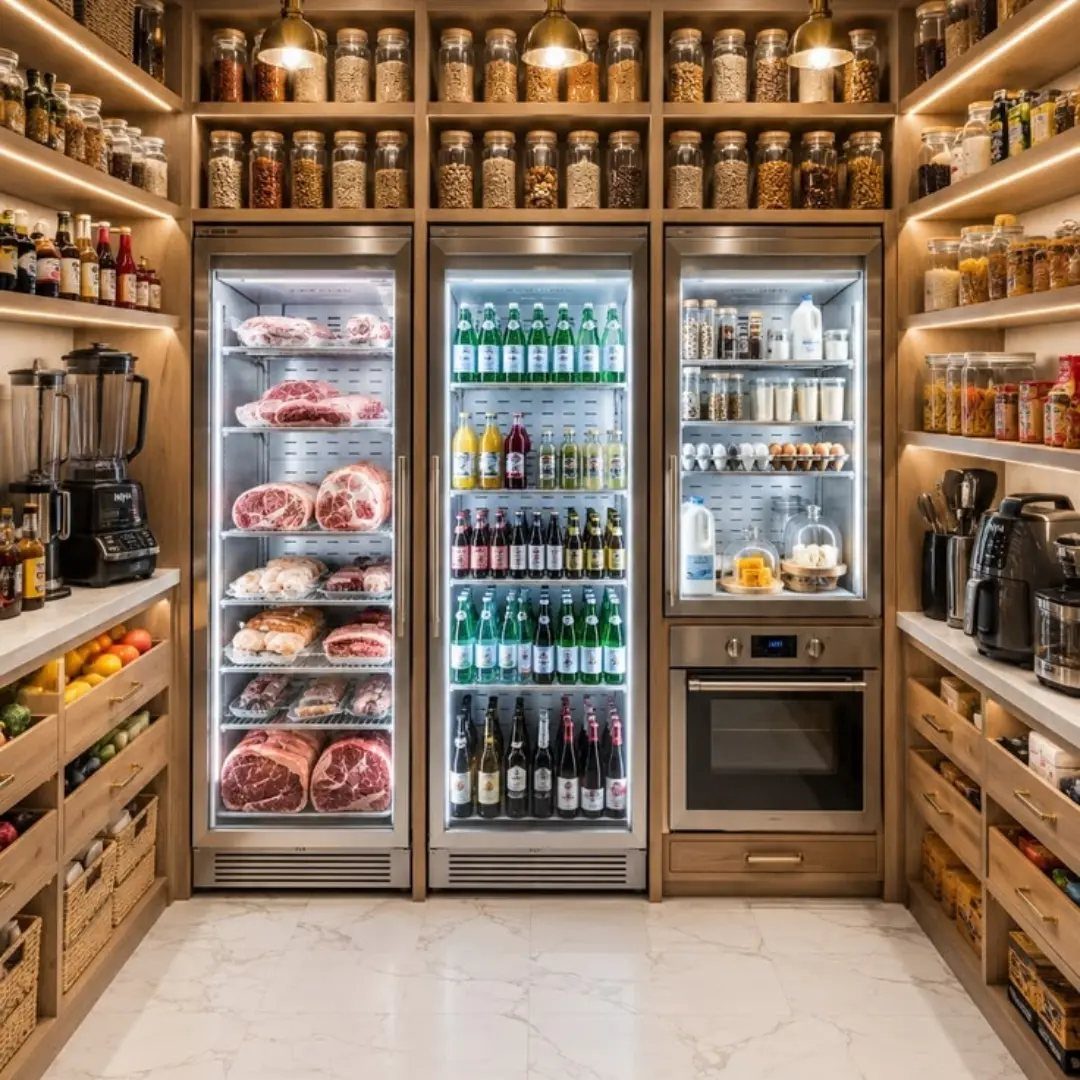 Luxury butler's pantry with built-in refrigerators, light wood shelving, and white marble floors.