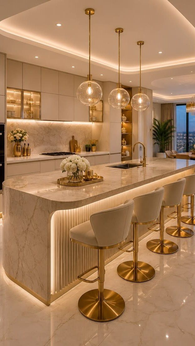 Modern luxury kitchen with white marble island, gold accents, and glass pendant lights.