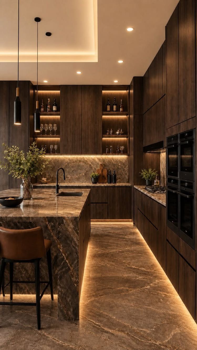 Luxury kitchen with dark wood cabinets, brown marble surfaces, and warm ambient lighting.