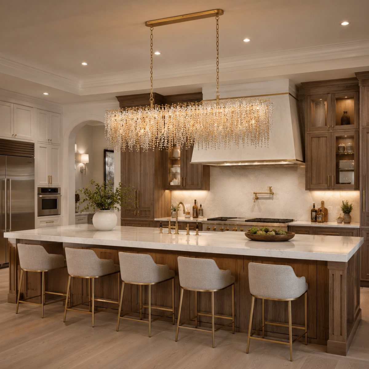 Luxury kitchen with a crystal chandelier, recessed ceiling lights, and under-cabinet accent lighting.