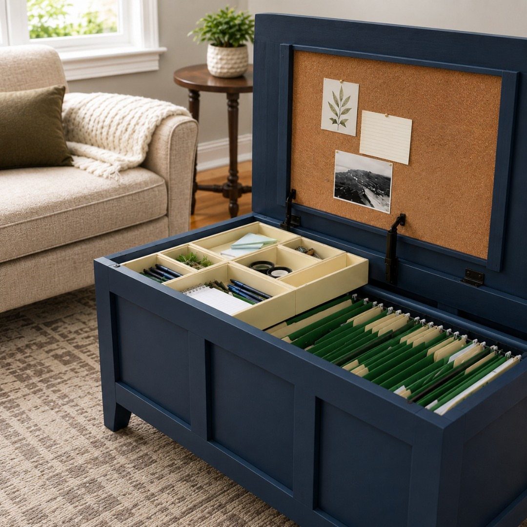 Navy blue storage chest containing green hanging file folders and a corkboard lid.