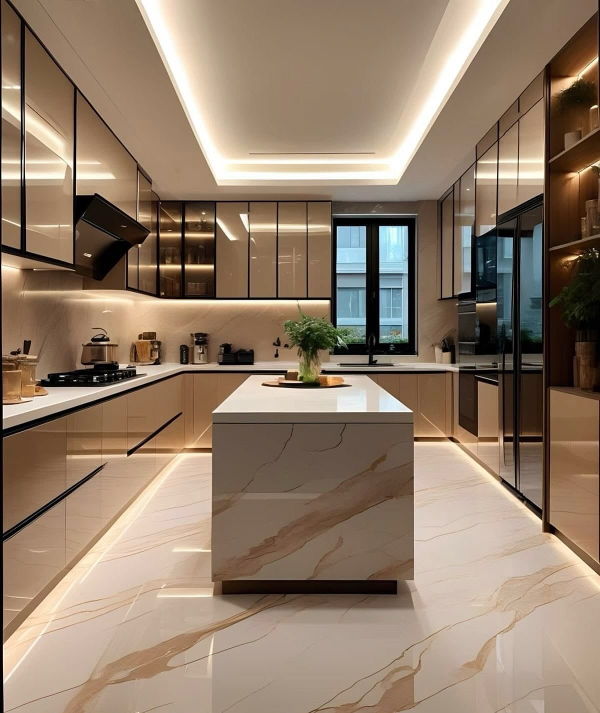 Marble-patterned kitchen island in a modern room with beige glossy cabinetry and lighting.