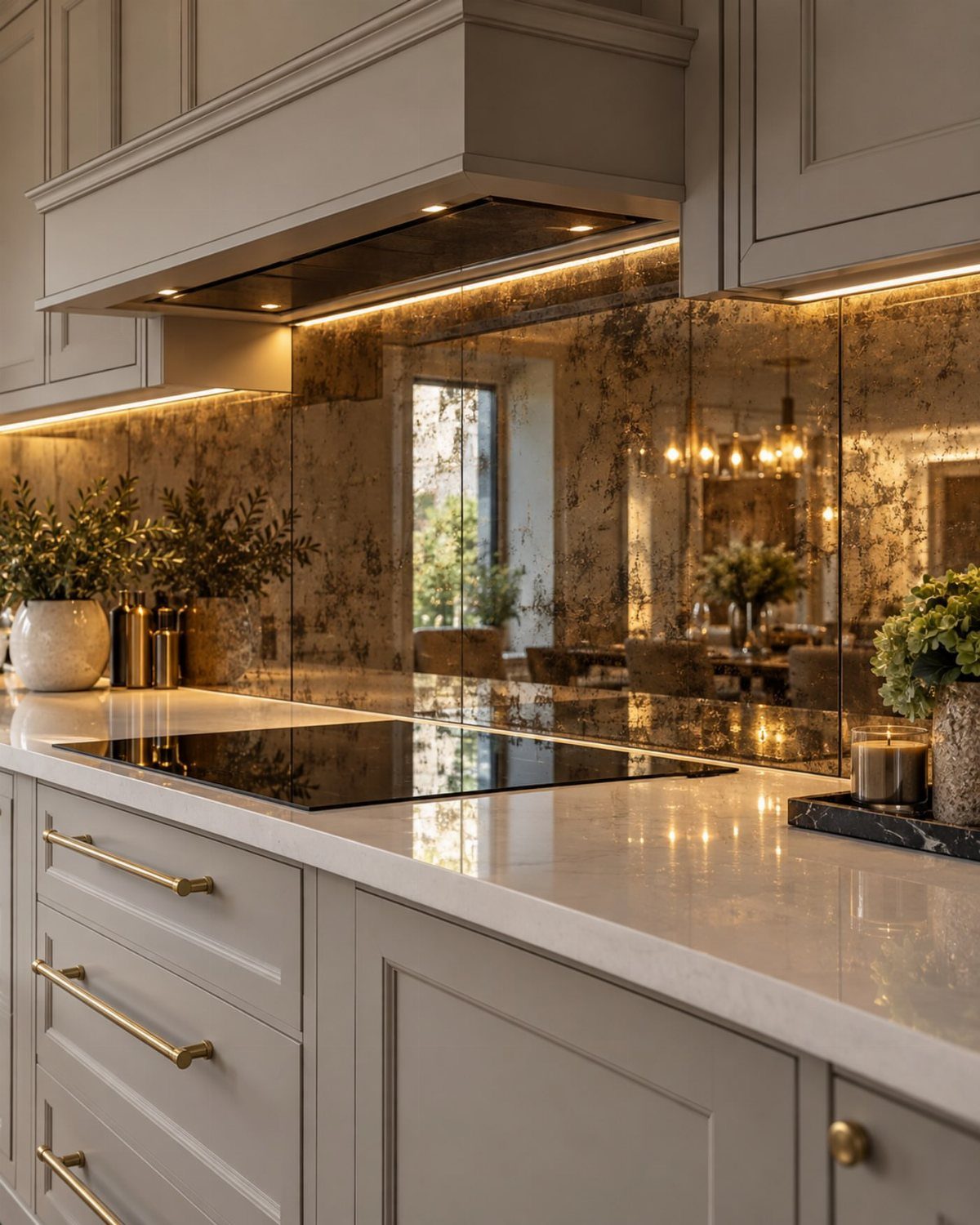 Antique mirrored backsplash in a kitchen with grey cabinets and white marble countertops.