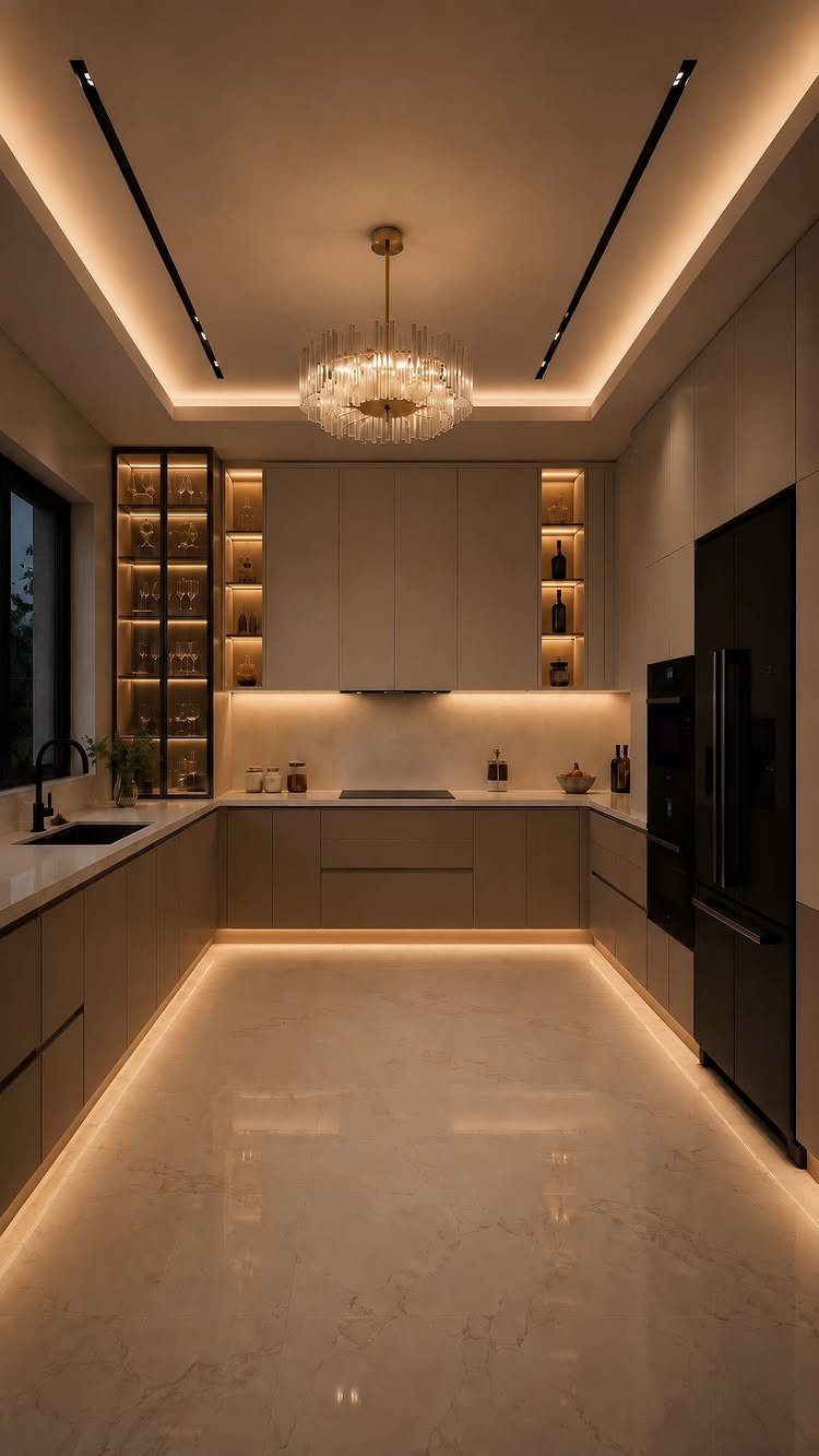 Modern kitchen with warm under-cabinet lighting, beige cabinets, and a crystal chandelier.