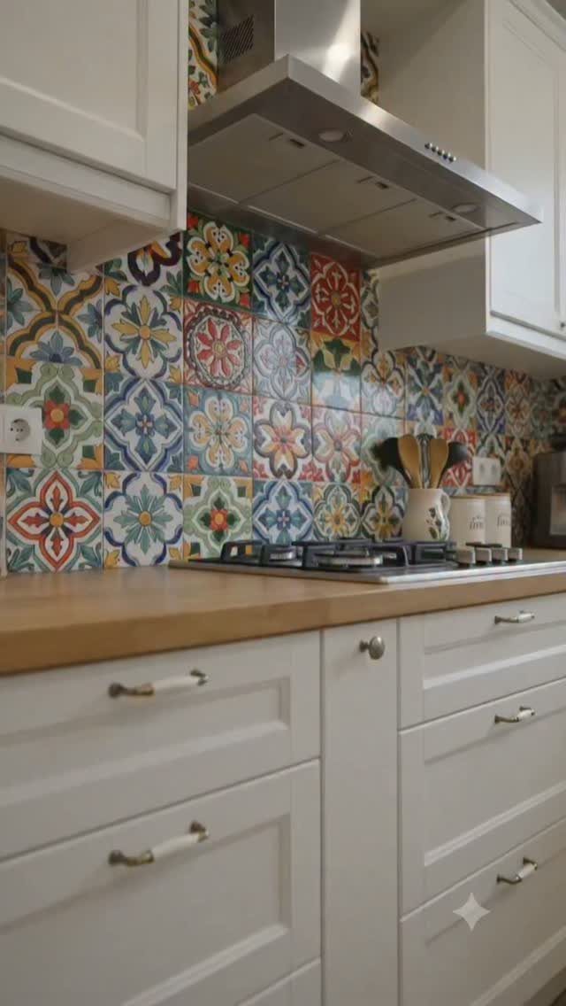 Colorful patterned tile backsplash between white kitchen cabinets and a wood countertop.