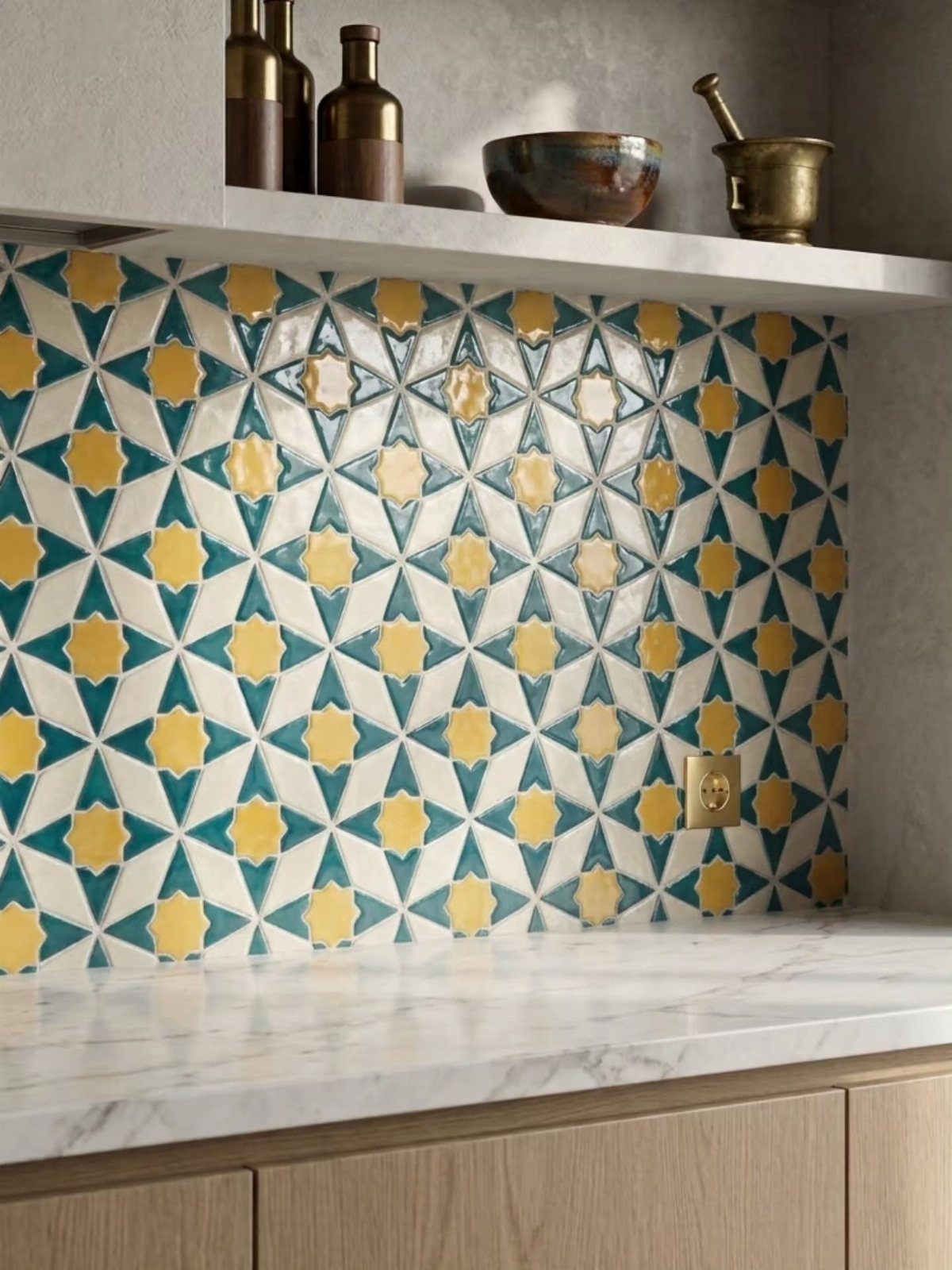 Geometric star pattern backsplash in teal and yellow above a marble countertop