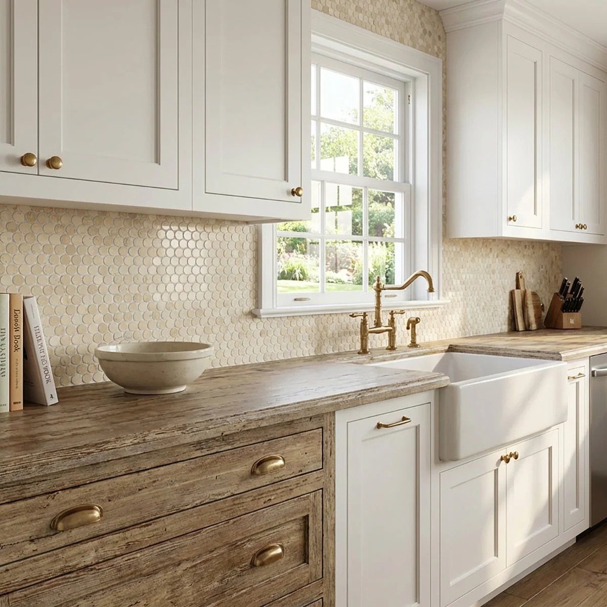 Penny round mosaic tile backsplash in a kitchen with white cabinets and farmhouse sink