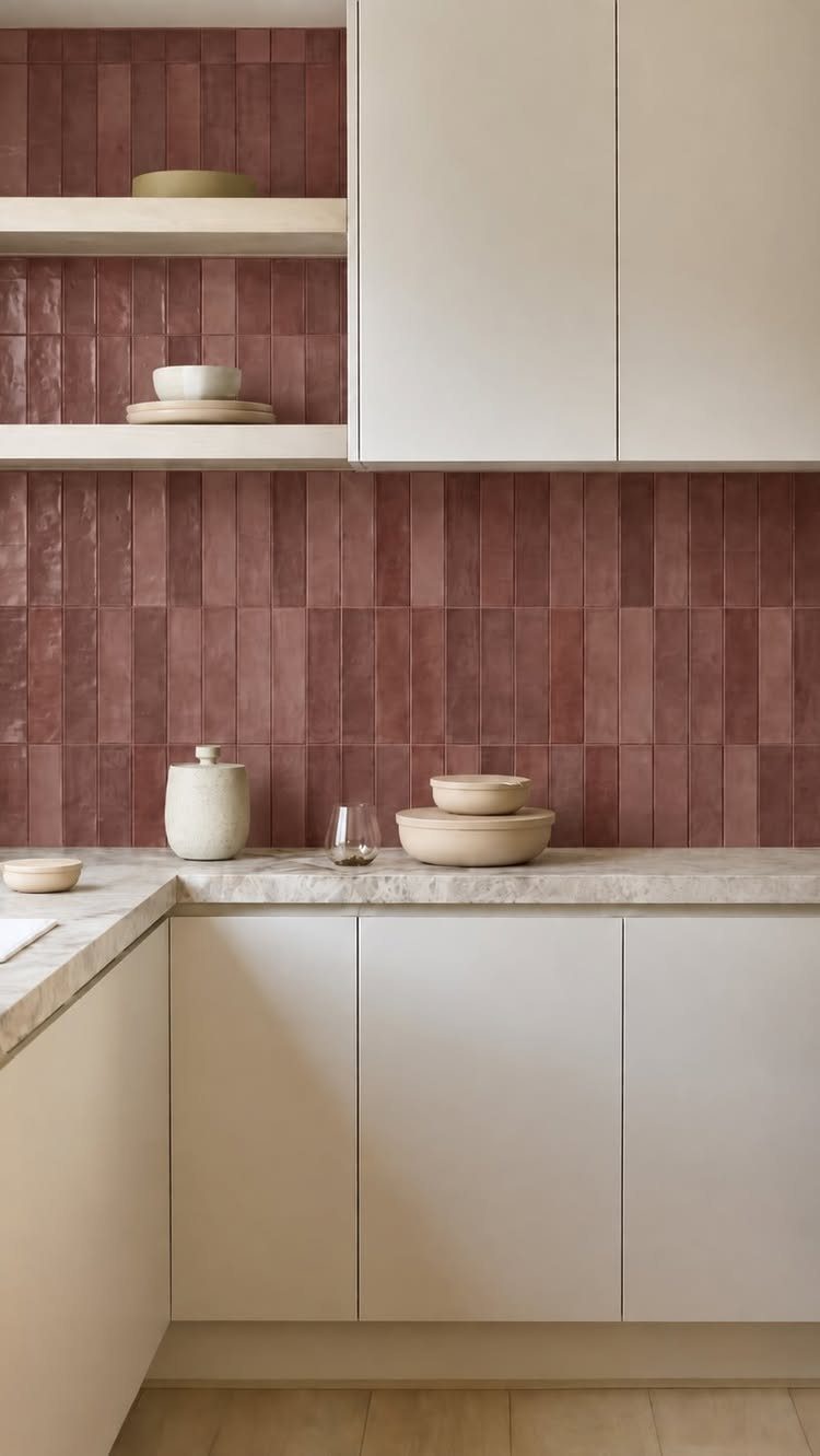 Terracotta vertical tile backsplash between white kitchen cabinets and light countertops