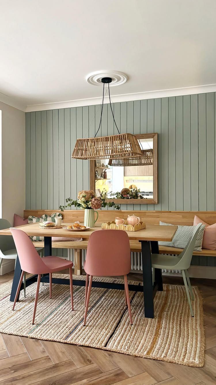 Built-in wooden dining bench against a sage green paneled wall with a table.