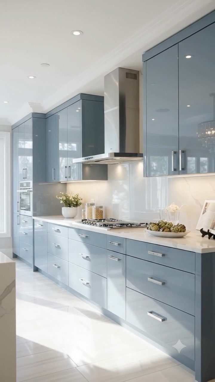Glossy blue kitchen cabinets with white countertops and a stainless steel vent hood.