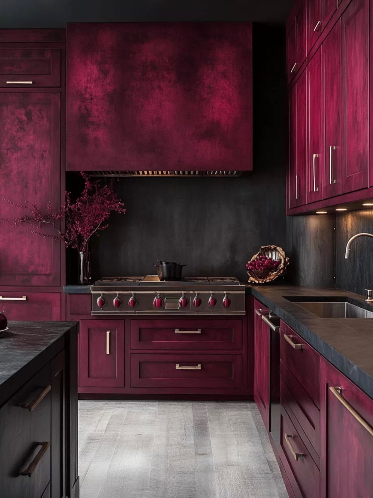 Deep magenta kitchen cabinets and range hood with dark grey walls and countertops.