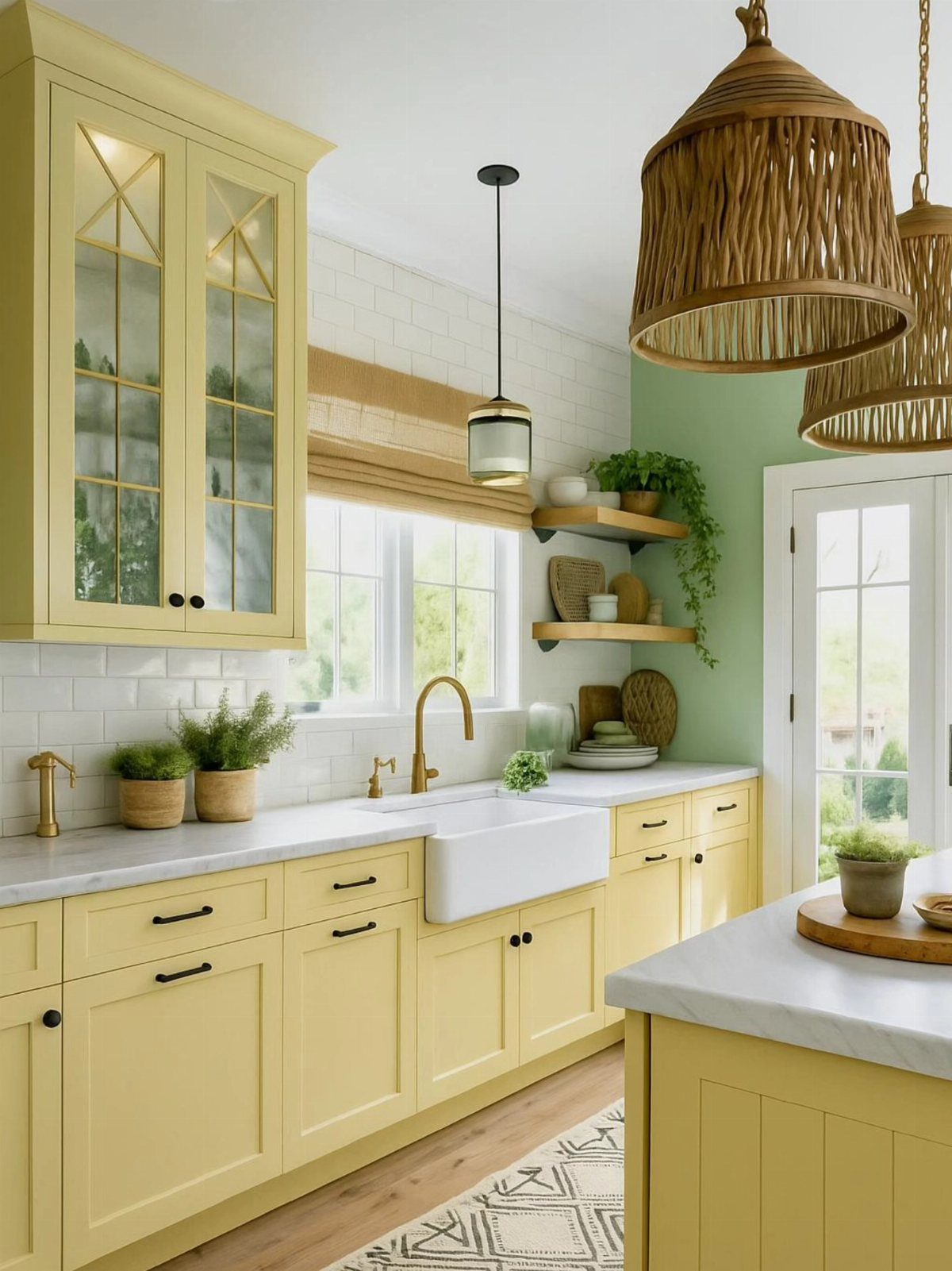 Butter yellow kitchen cabinets with white marble countertops and woven pendant light fixtures.
