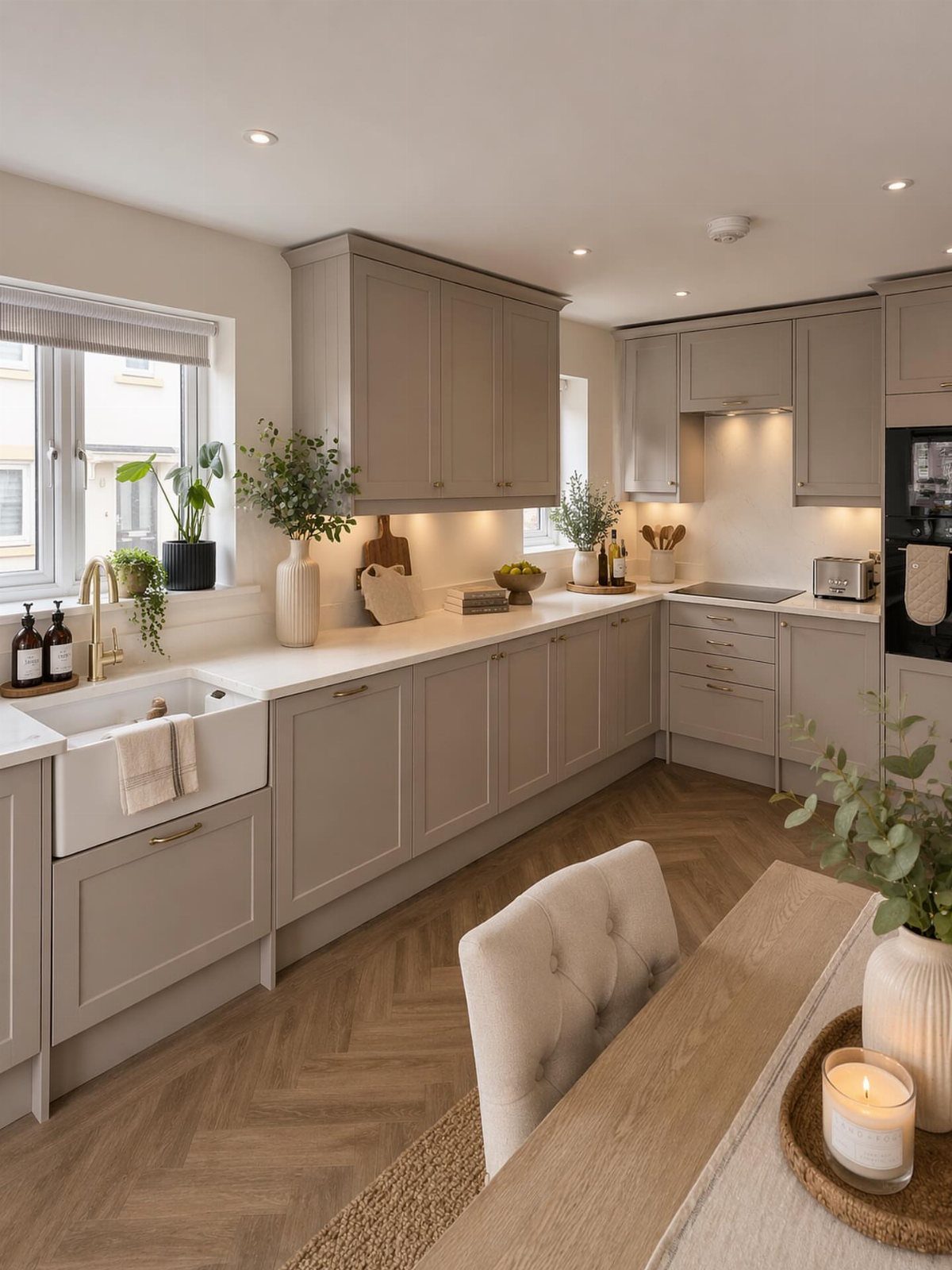 Greige kitchen cabinets with white countertops and light herringbone wood flooring.