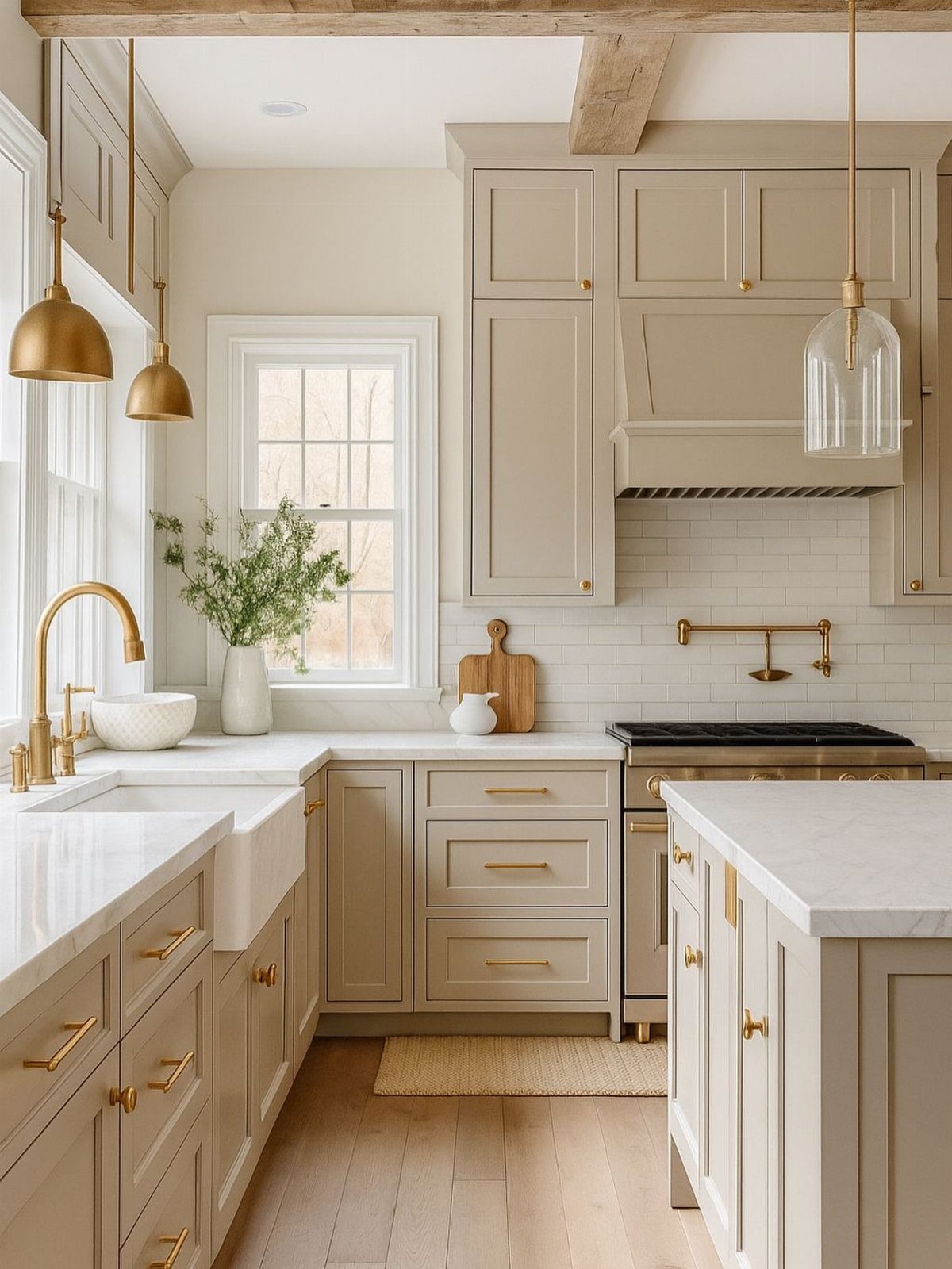 Beige kitchen cabinets with white marble countertops and gold hardware in a bright room.