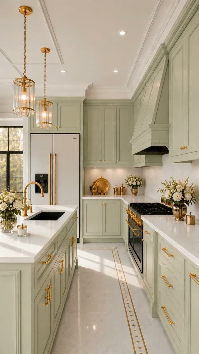 Sage green kitchen cabinets with gold hardware and white marble countertops and flooring.
