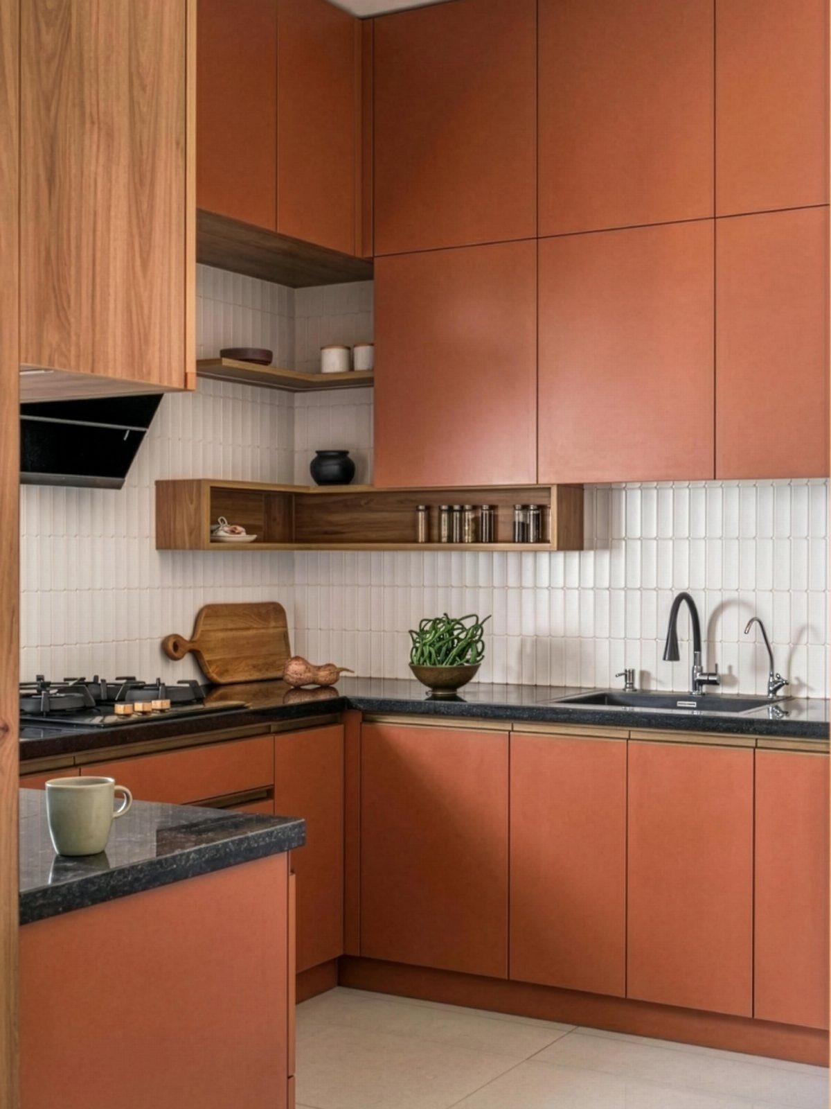 Terracotta kitchen cabinets with black countertops and a white tiled backsplash.