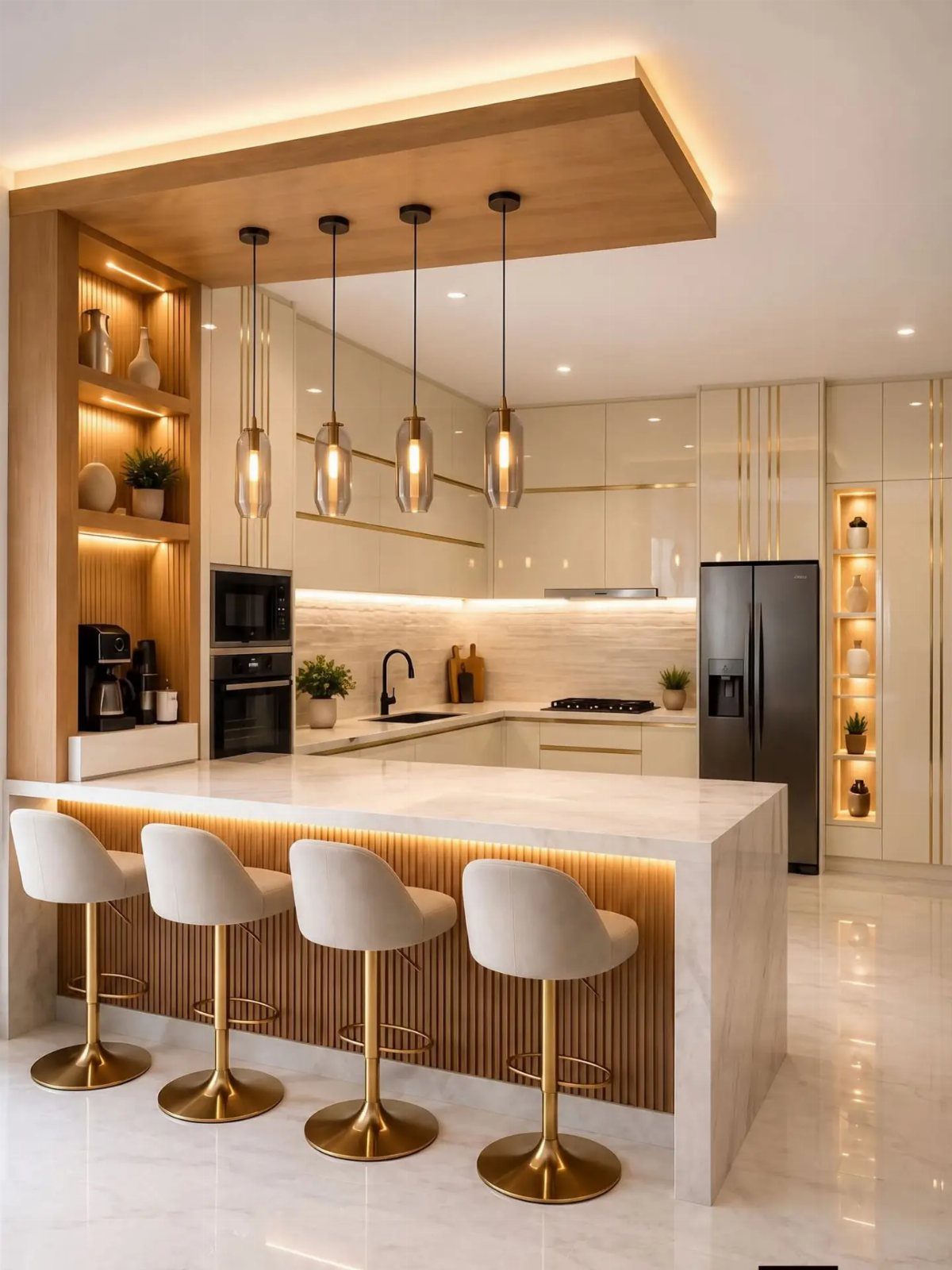 Modern kitchen with cream handleless cabinets, white marble island, and gold barstools.