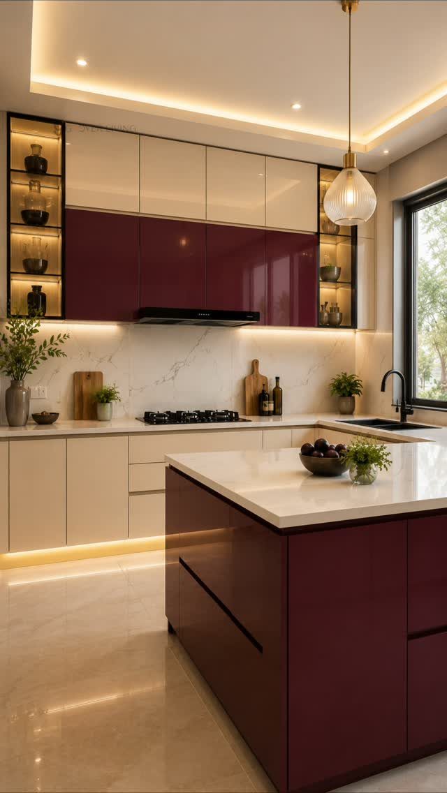 Two-tone burgundy and cream handleless kitchen cabinets with a white marble backsplash.