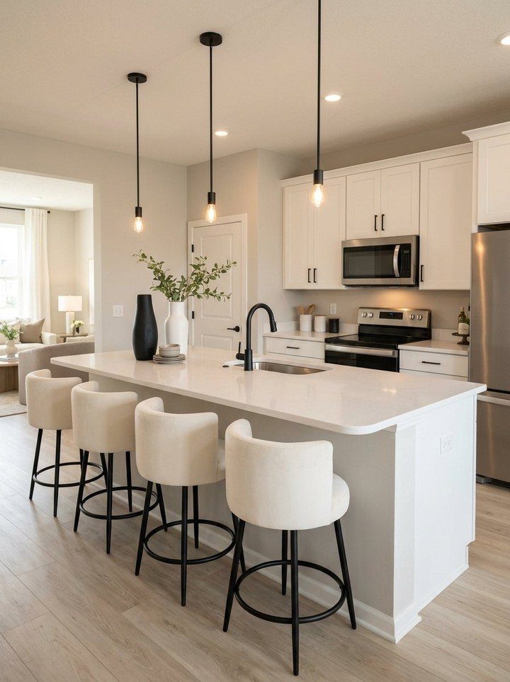 White kitchen cabinets and white countertops with a large island and cream bar stools