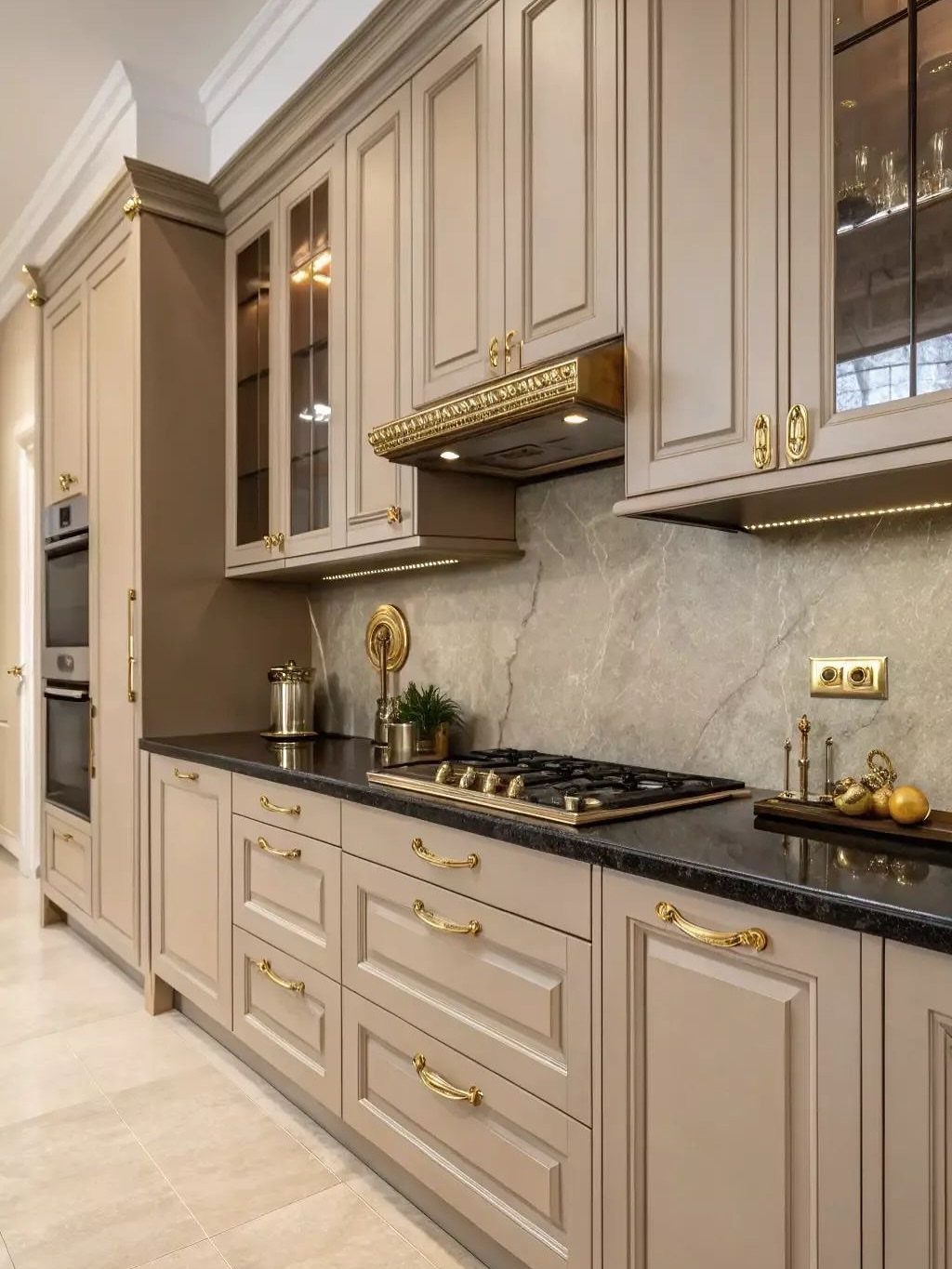 Beige kitchen cabinets with black polished countertops and a grey marble backsplash.