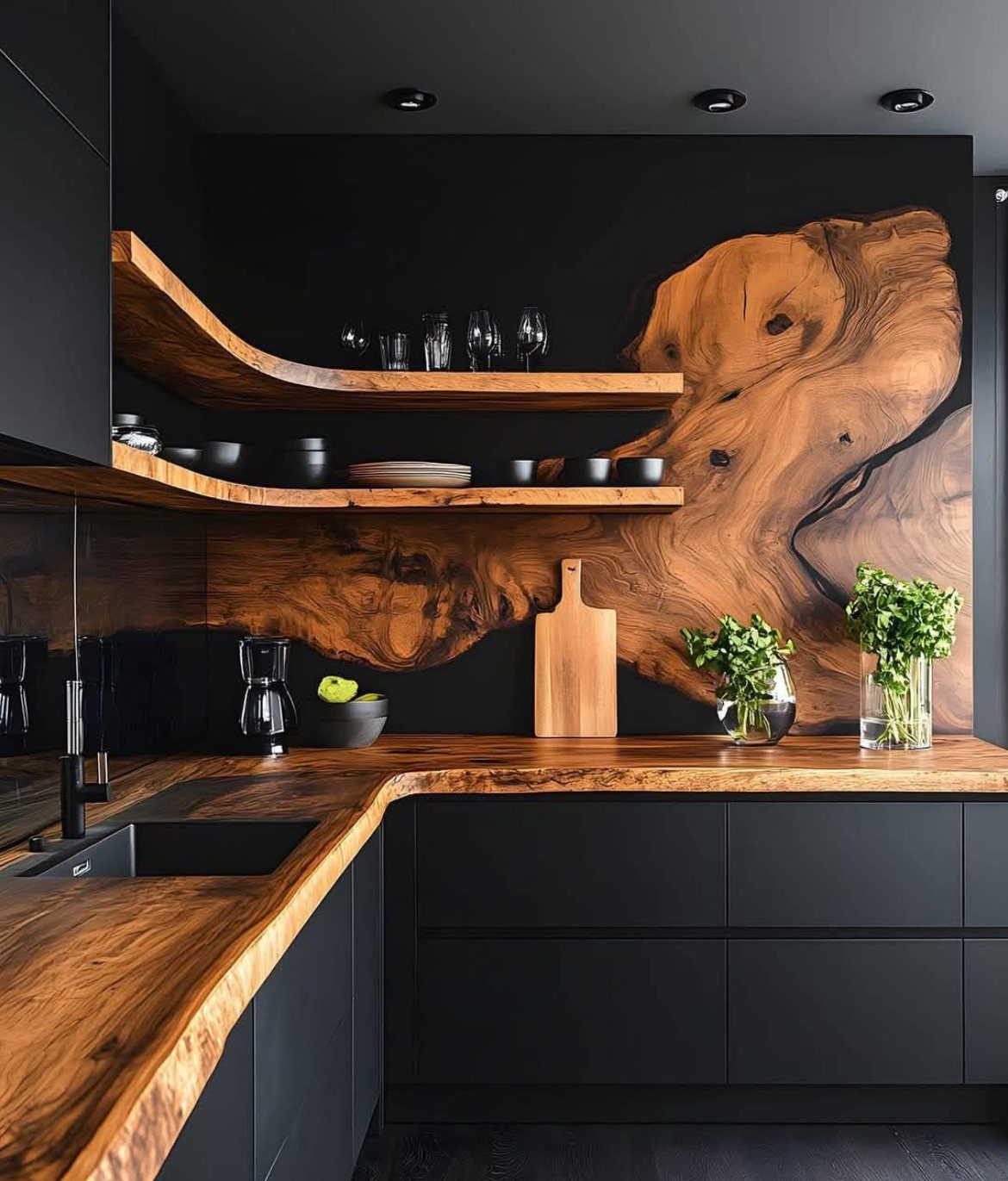 Live-edge wood countertops and backsplash paired with matte black kitchen cabinets.