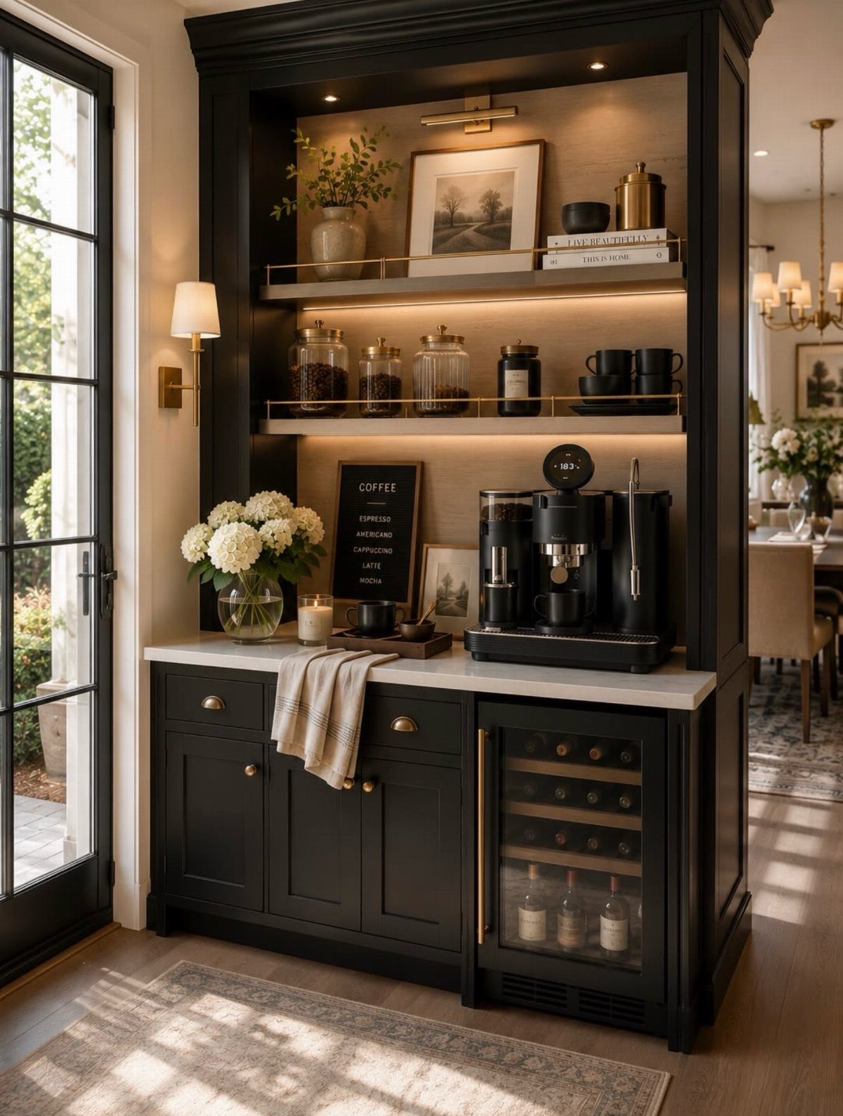 Black espresso cabinets and white veined quartz countertop in a home coffee station.