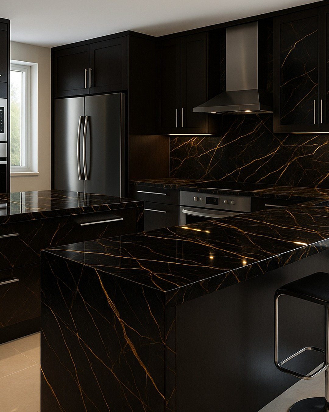 Black kitchen cabinets and countertops with gold veining and stainless steel appliances.