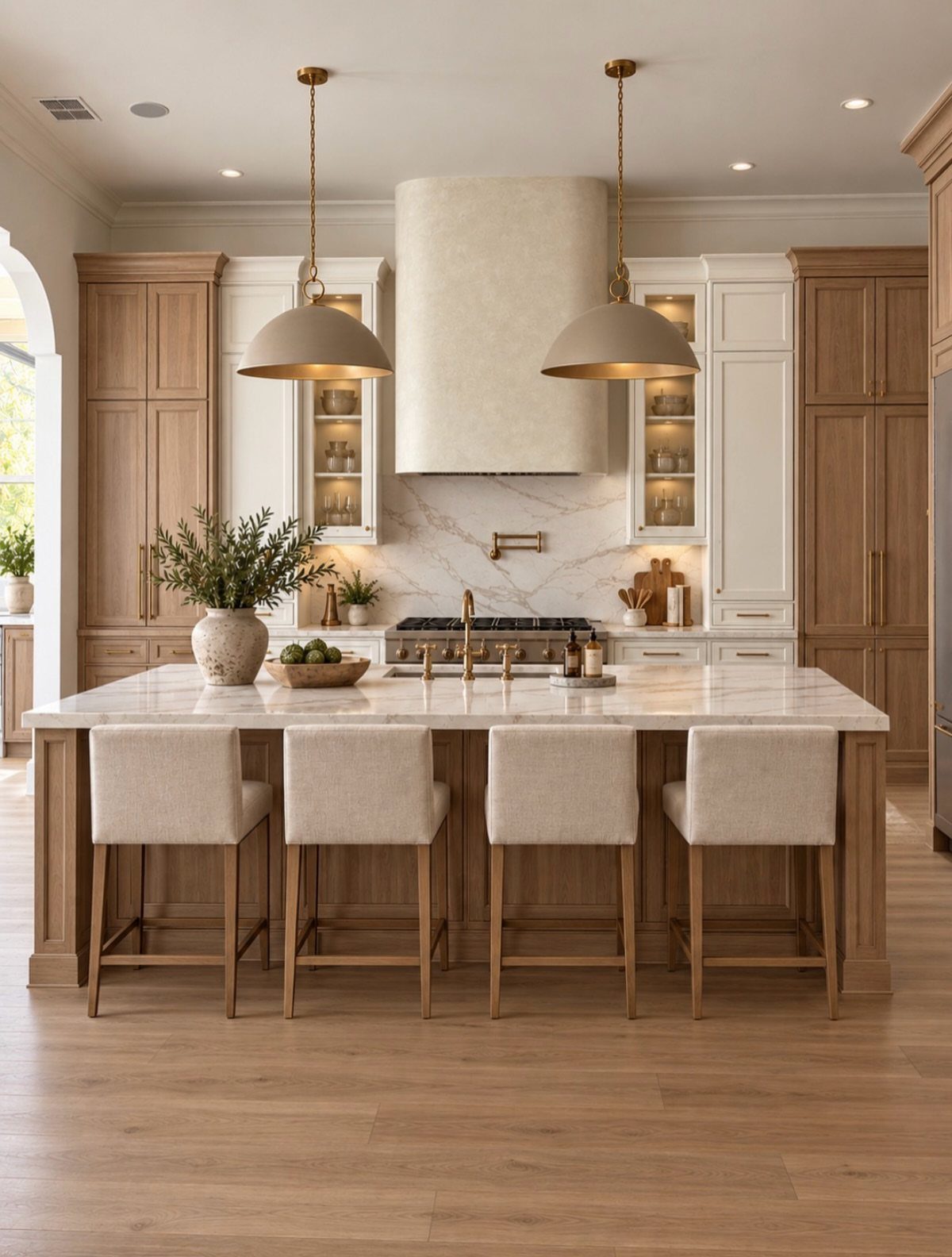 Warm wood kitchen cabinets and white marble countertops with beige bar stools.