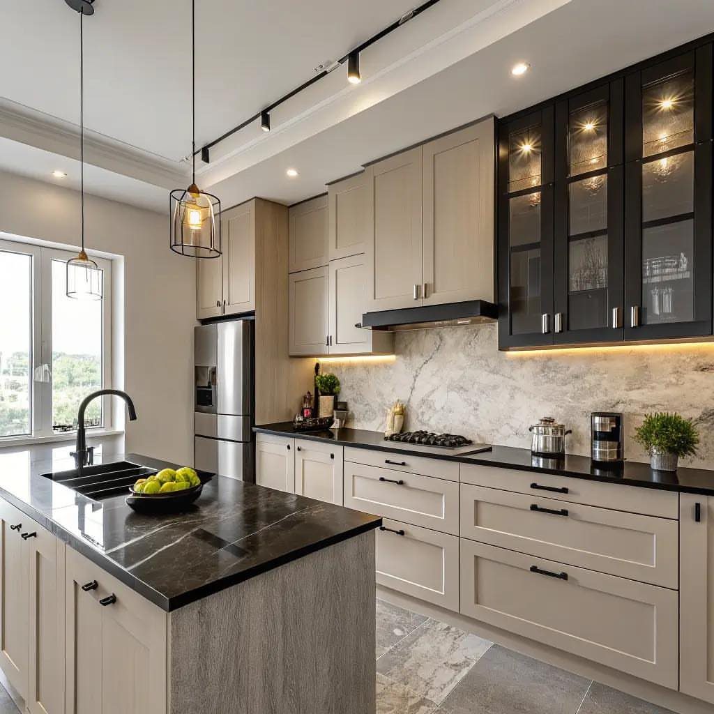 Modern kitchen with off-white cabinets, black hardware, and dark black countertops.