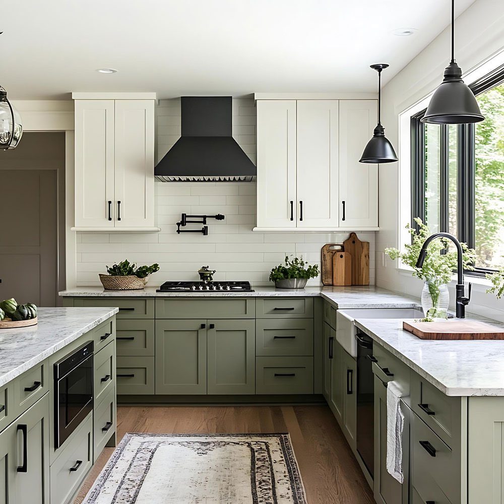 Sage green lower cabinets and white upper cabinets in a modern kitchen setting