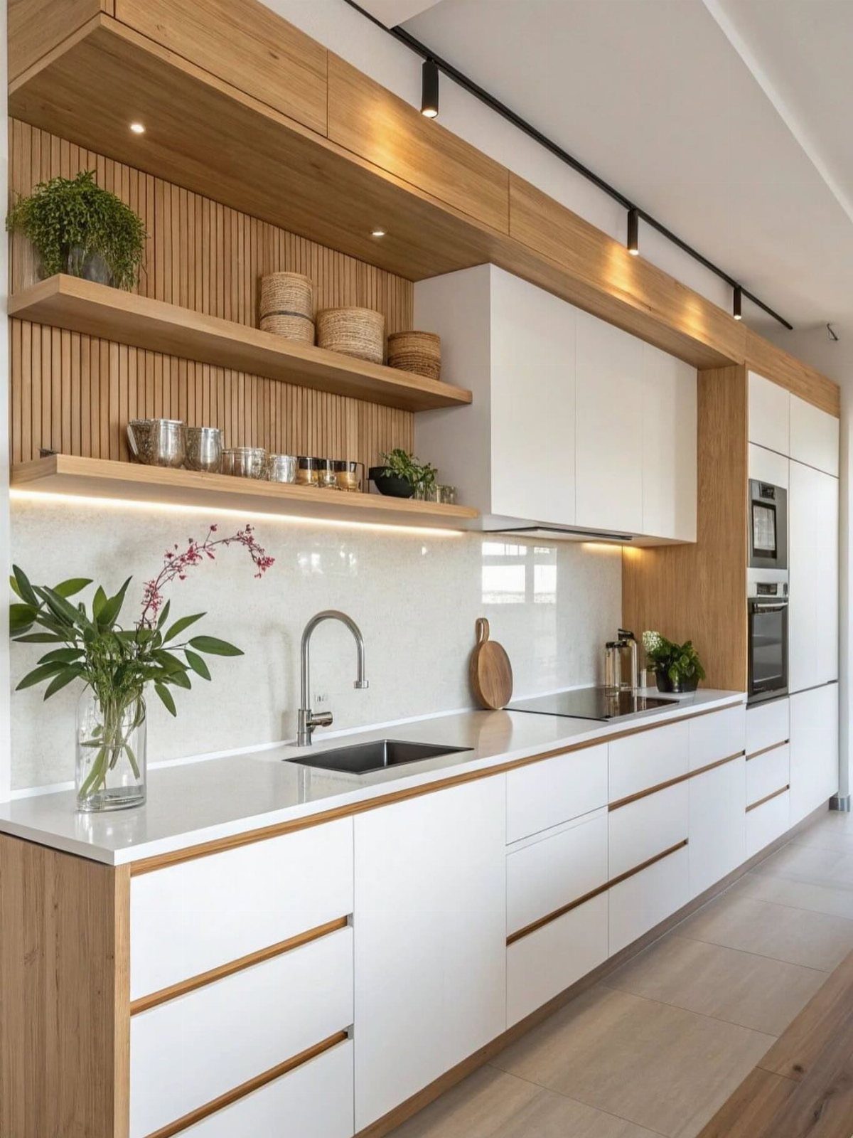 Modern kitchen with white cabinets, light wood shelving, and white countertops.