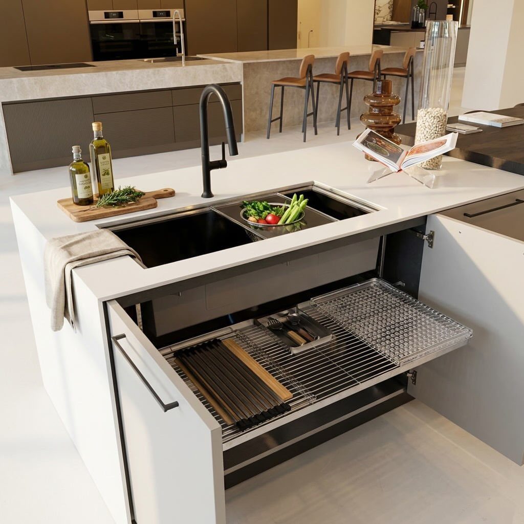 White kitchen island with a black faucet and an open organized storage drawer.
