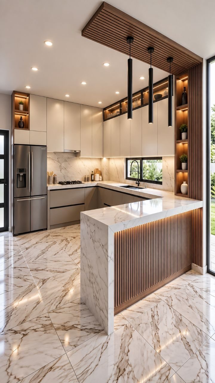 White marble peninsula island with wood-slatted base in a modern luxury kitchen