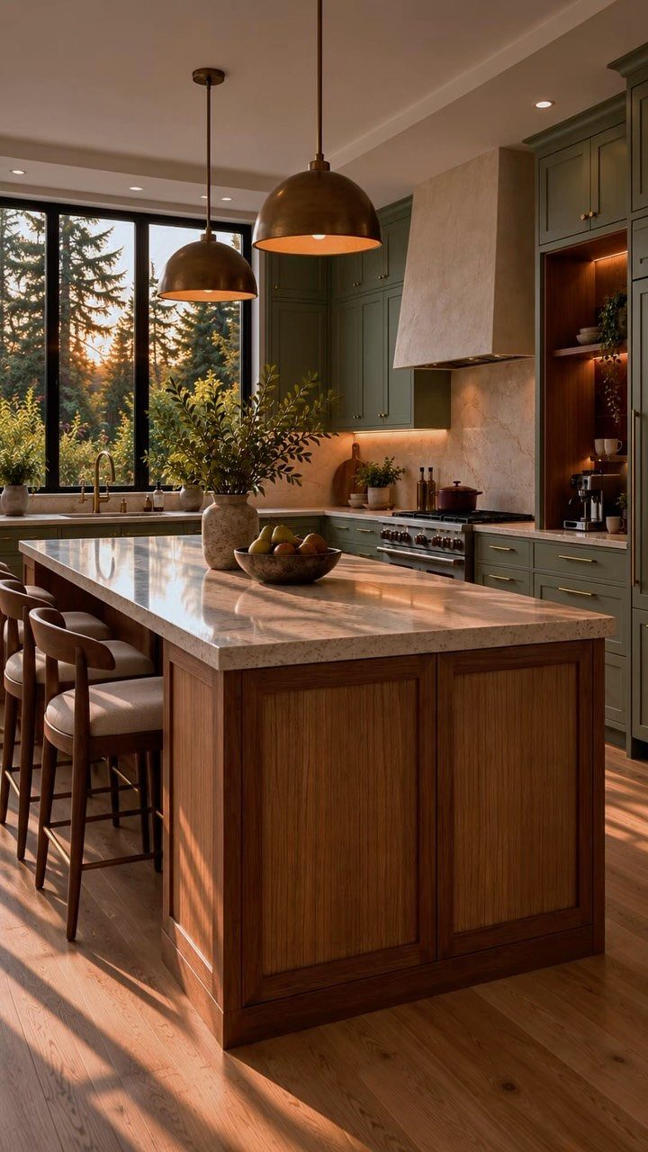 Wooden kitchen island with marble countertop and bronze pendant lights in a modern kitchen