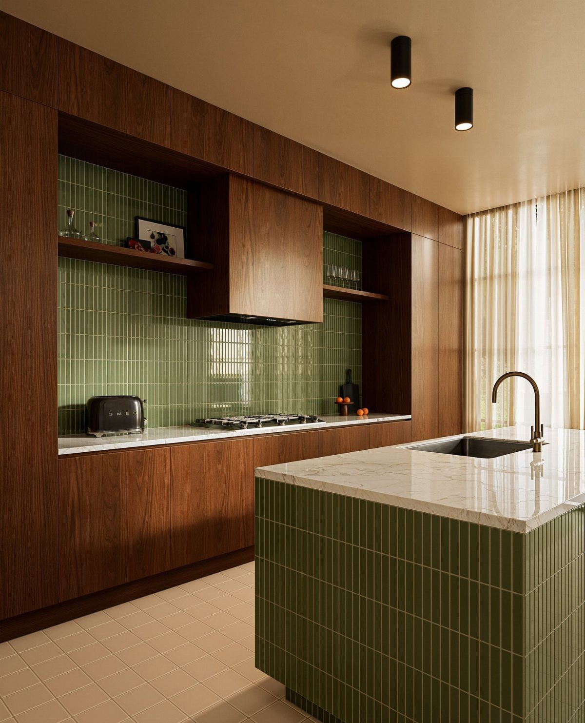 Green vertical tiles on a kitchen island back panel and matching backsplash.