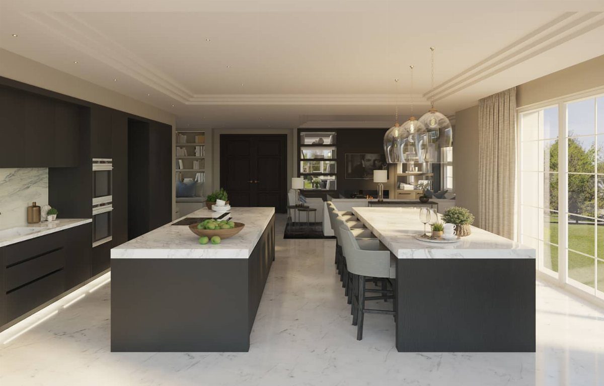 Two parallel dark grey kitchen islands with white marble tops and bar stools.