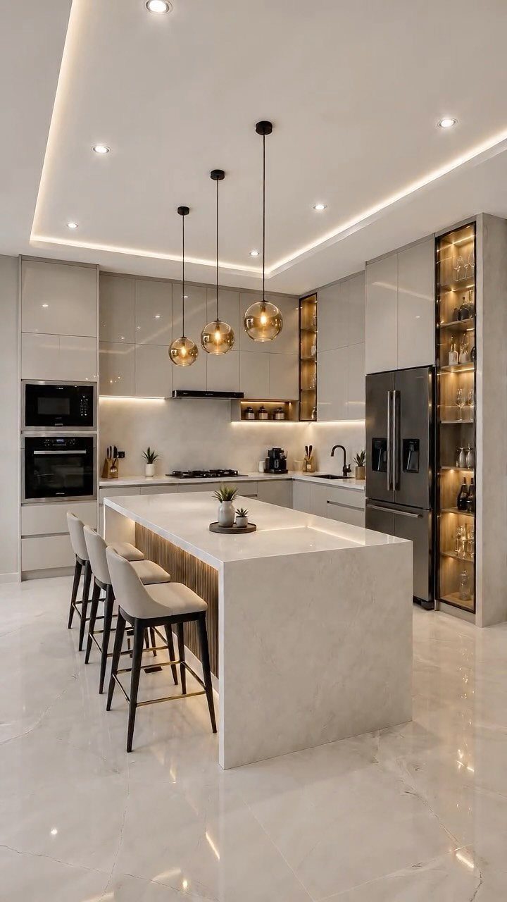 White marble waterfall kitchen island with three white stools and gold pendant lights.