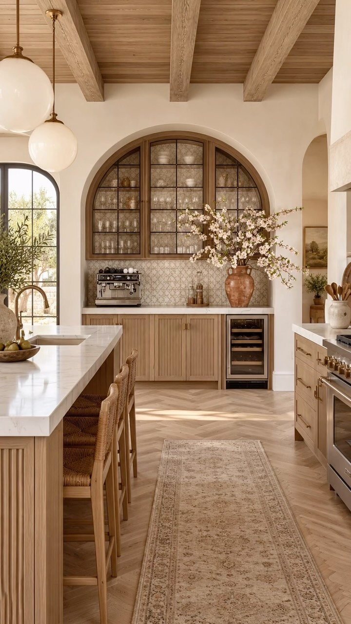 Kitchen island with white marble countertop and wooden bar stools in a bright room