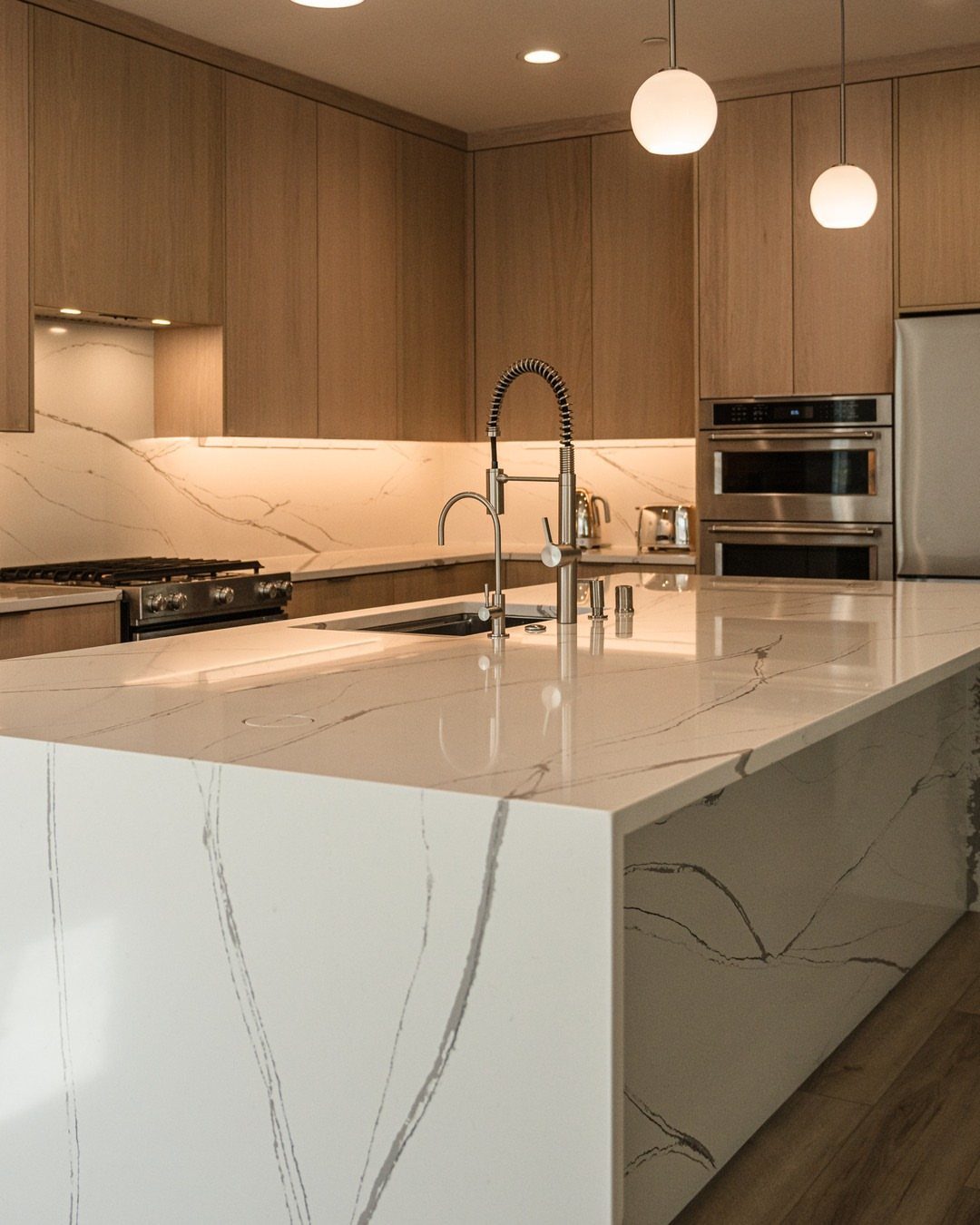 White marble waterfall kitchen island with a professional pull-down faucet and sink