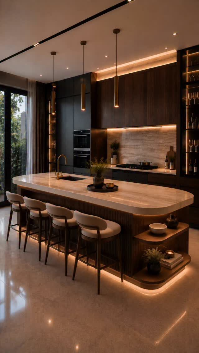 White marble kitchen island with integrated sink and four beige bar stools.