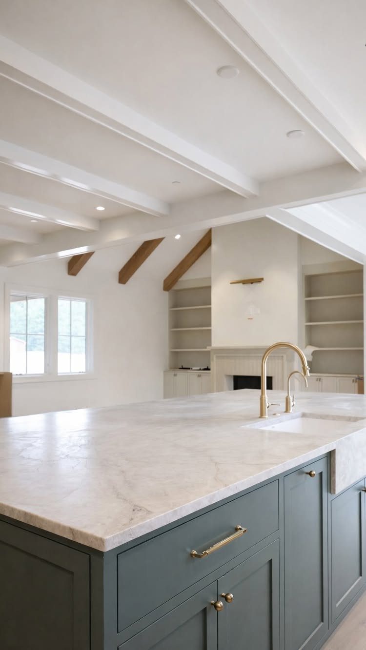 Dark teal kitchen island with white marble top, gold faucet, and integrated storage drawers.