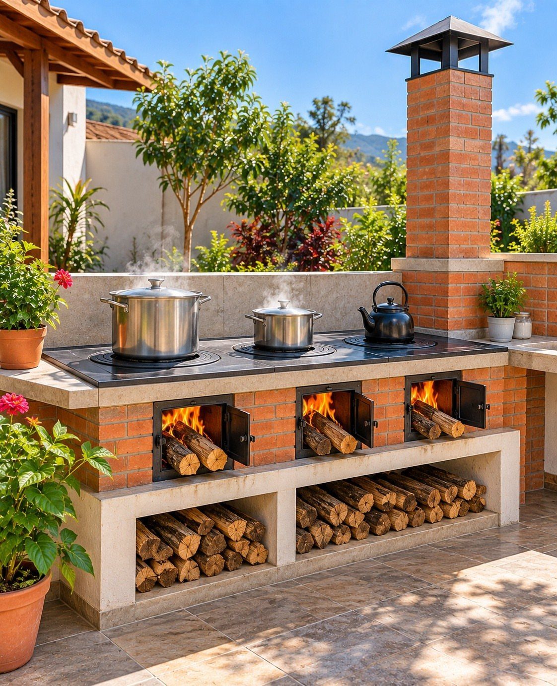 Outdoor brick kitchen island with a stovetop, steaming pots, and burning wood fires.