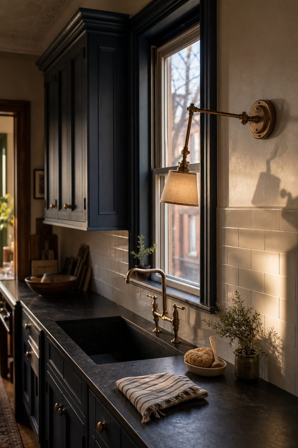 Brass swing-arm wall lamp illuminating a black kitchen sink and dark blue cabinetry.