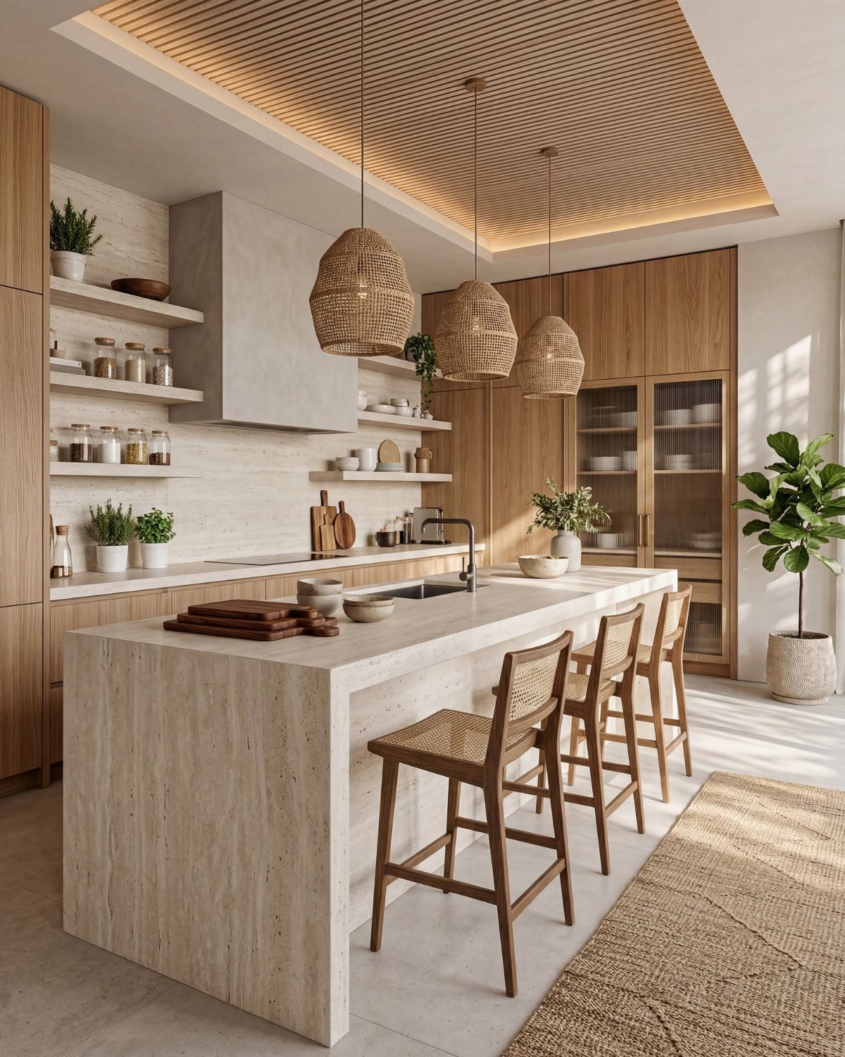 Three woven rattan pendant lights hanging over a stone kitchen island with wooden stools.