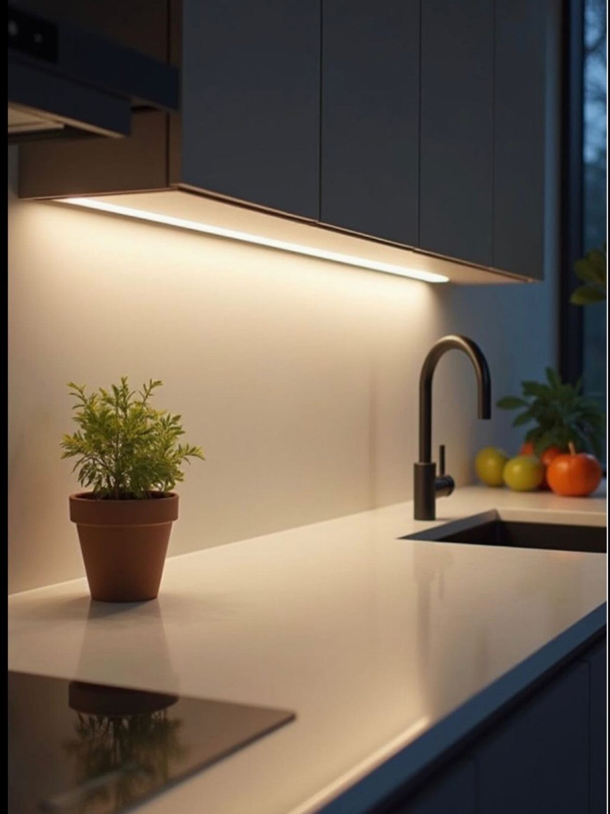Under-cabinet LED lighting illuminating a white kitchen countertop with a black sink faucet.
