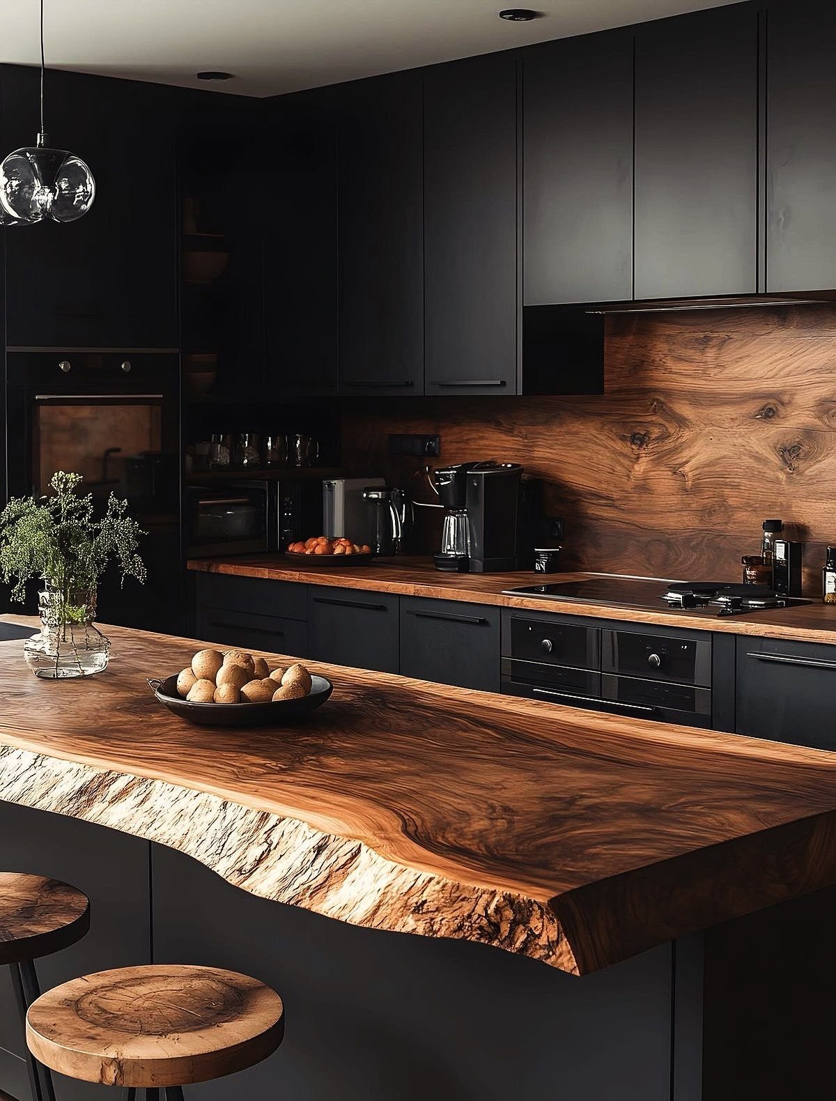 Live-edge natural wood kitchen island and backsplash paired with matte black cabinetry.