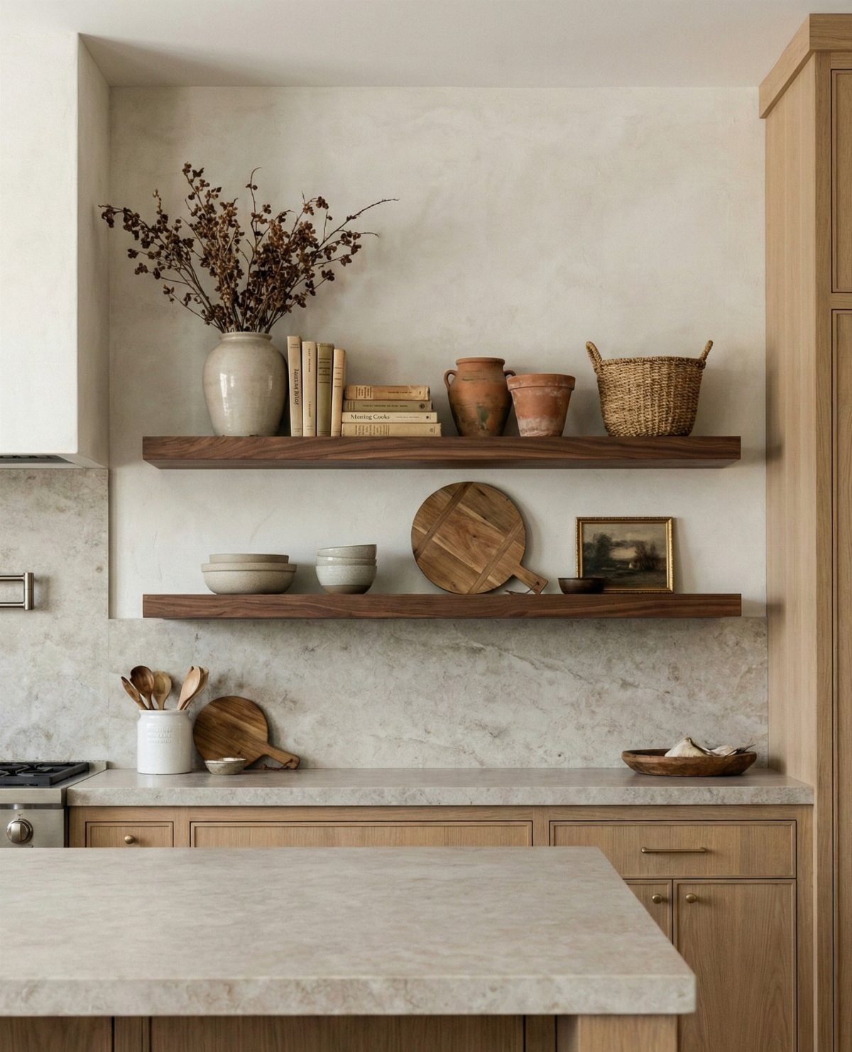 Two dark wood floating shelves displaying ceramics, books, and a woven basket in a kitchen.