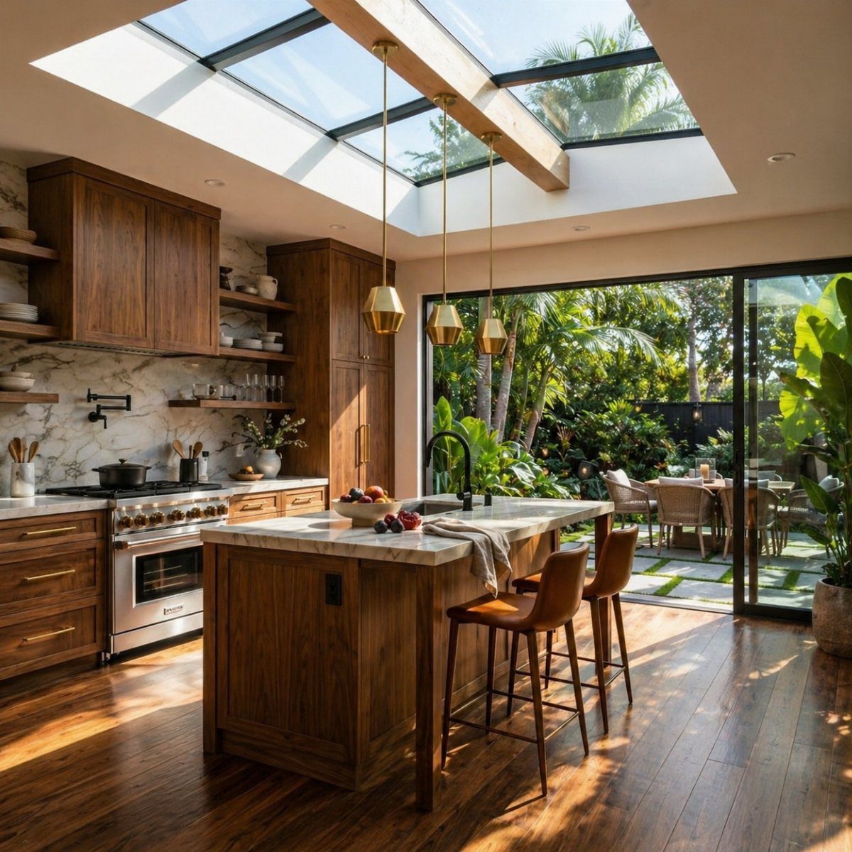 Sunlit kitchen with wooden cabinetry, marble island, and large overhead skylight opening to sky.
