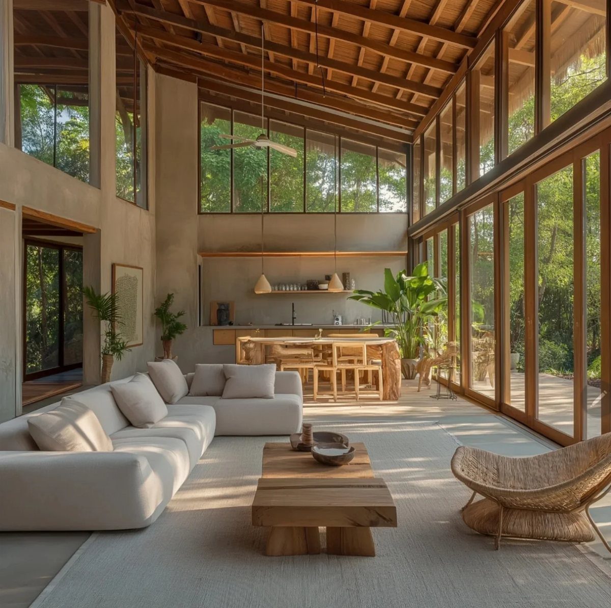 Open concept living room and kitchen with high wooden ceilings and glass walls